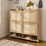 Elegant Shoe Cabinet 4 Doors Metal Frame Top Shelf Wooden Rattan