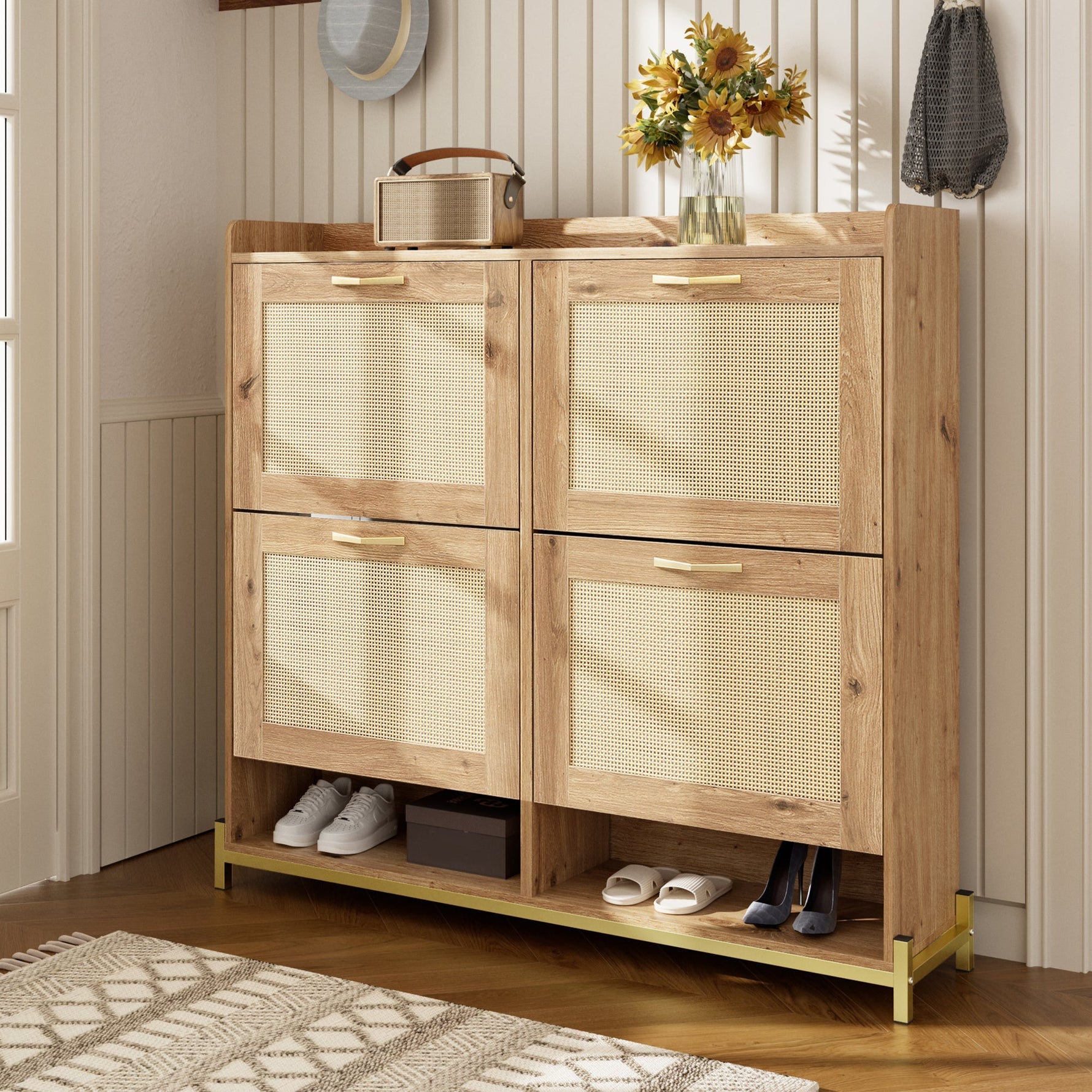 Elegant Shoe Cabinet 4 Doors Metal Frame Top Shelf Wooden Rattan