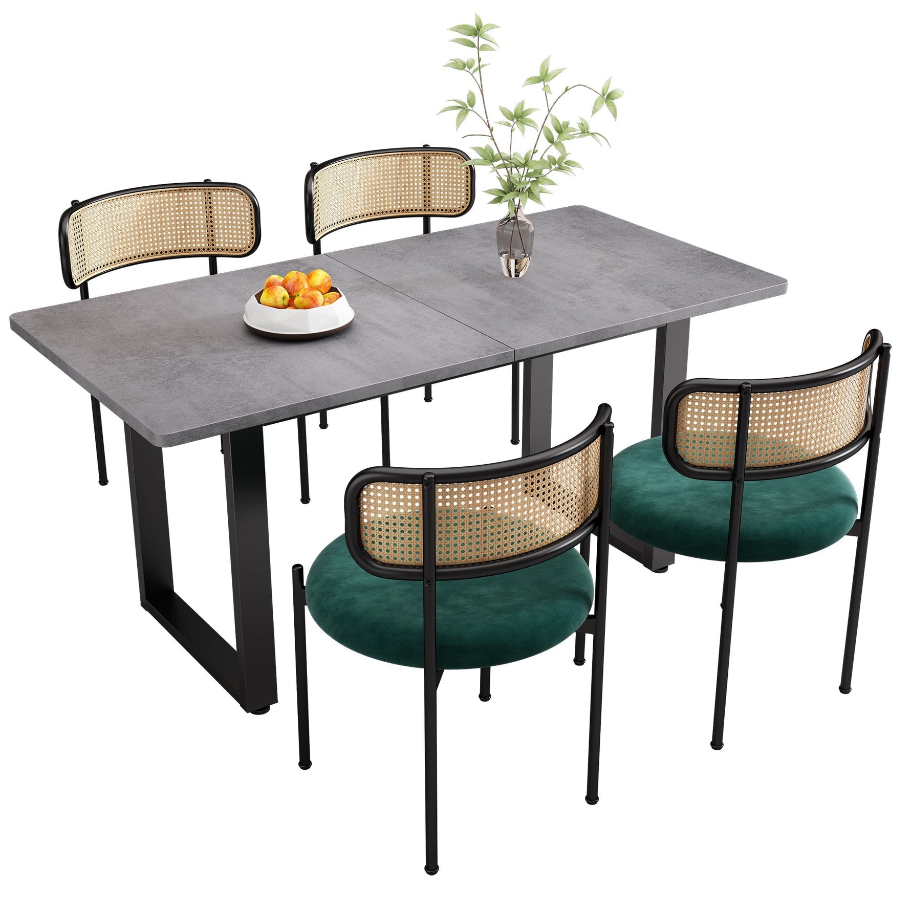 Dining Set 5-Piece Rectangular Table 4 Velvet Chairs - Grey/Green/Black
