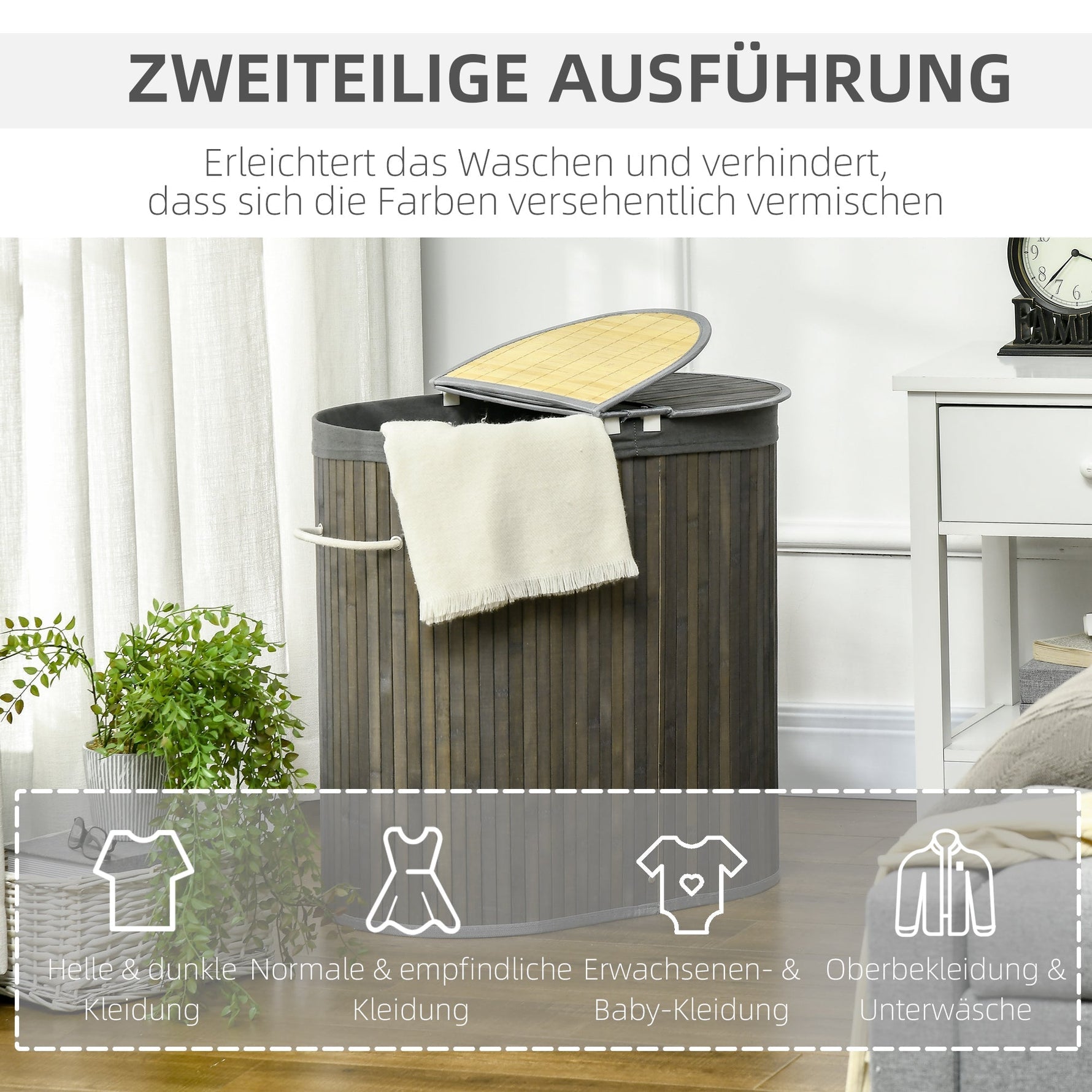 Bamboo Laundry Basket, 100L with 2 Removable Bags, Gray