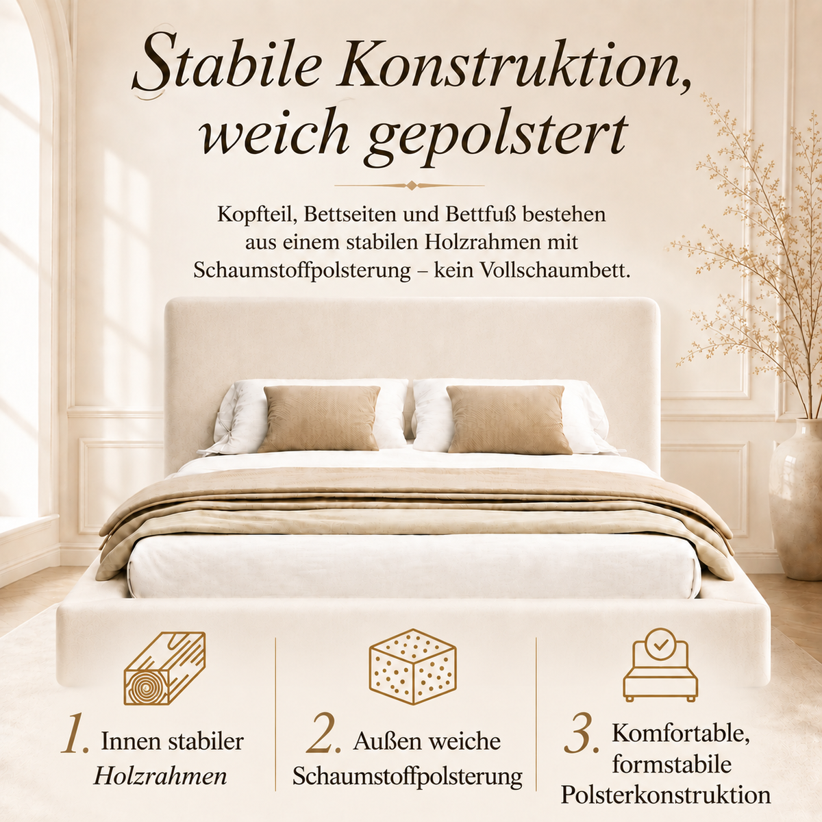Upholstered Double Bed 160x200cm with Slatted Base, Beige Chenille