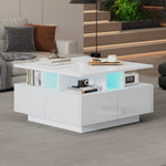 Coffee Table 70x70x40cm High-Gloss LED Light 4 Drawers Geometric Design, White