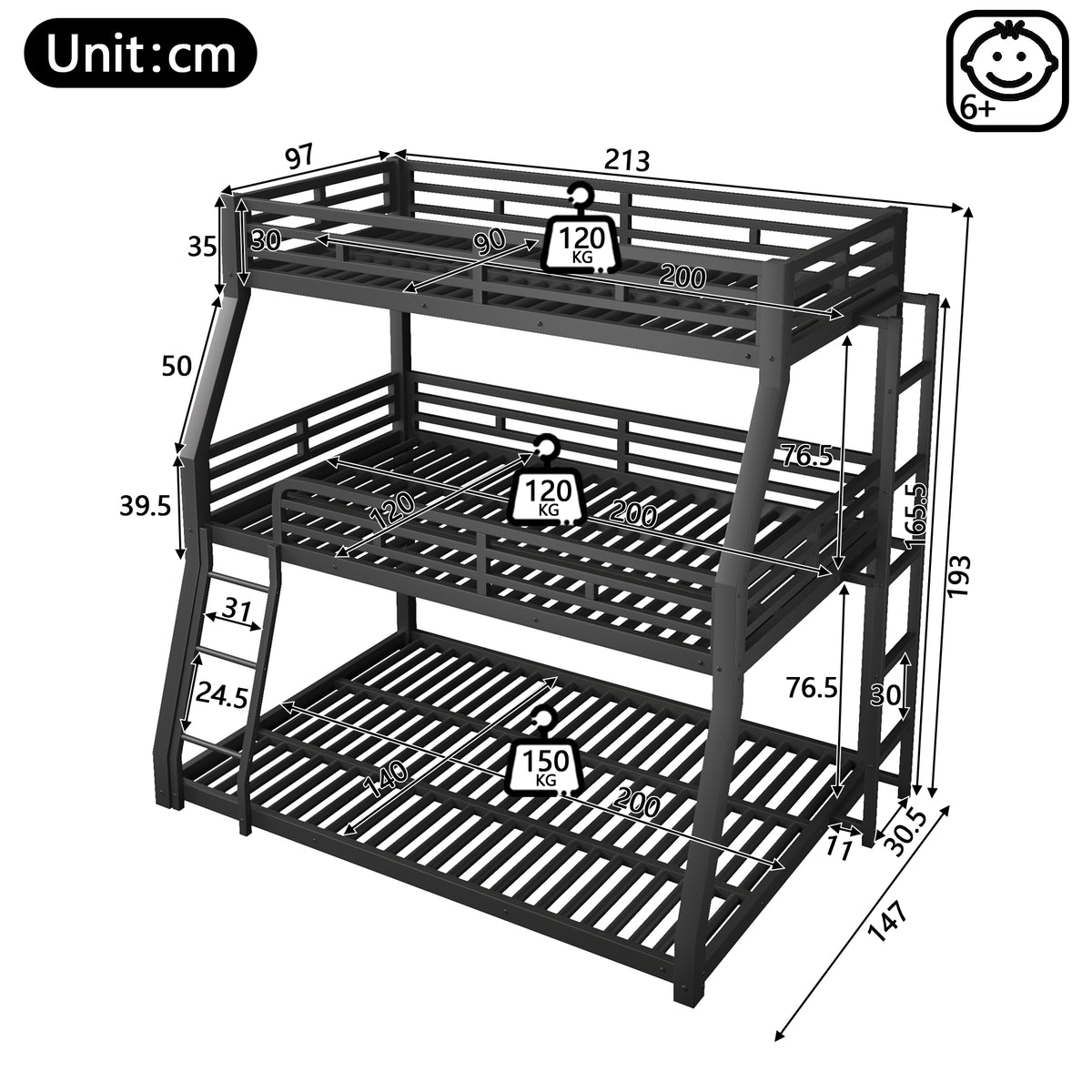 Triple Bunk Bed Frame 90x200/120x200/140x200cm, Black Metal