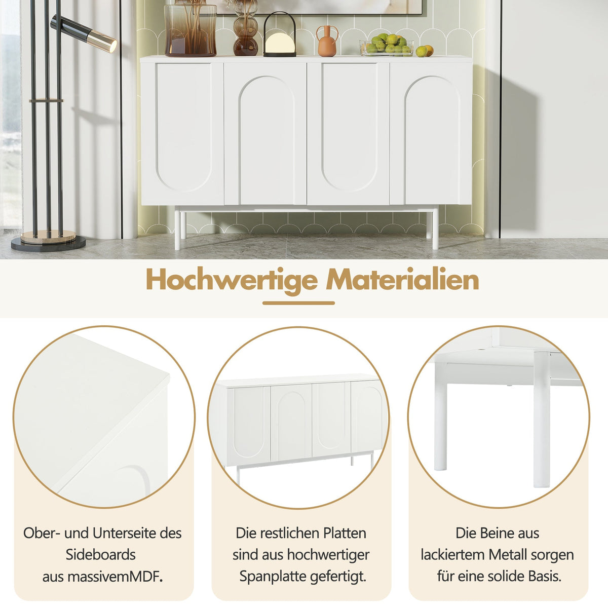 Sideboard, Minimalist Arched Pattern 4-Door, Pure White