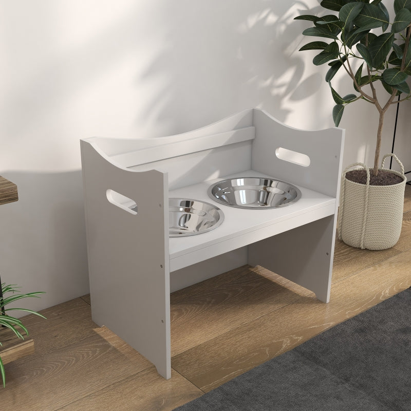Dog Feeding Station, Height Adjustable, 2 Stainless Steel Bowls, White