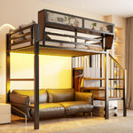 Loft Bed 90x200 with LED Light & Storage Ladder, Black Metal
