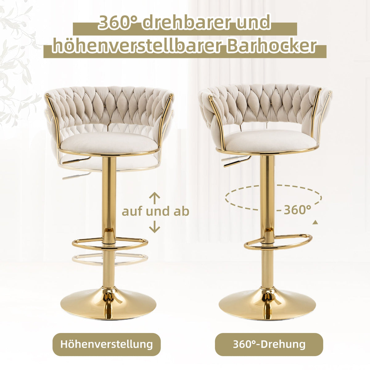 Velvet Swivel Bar Stool 2-Piece Set, Handcrafted Backrest, Adjustable Height, Upholstered
