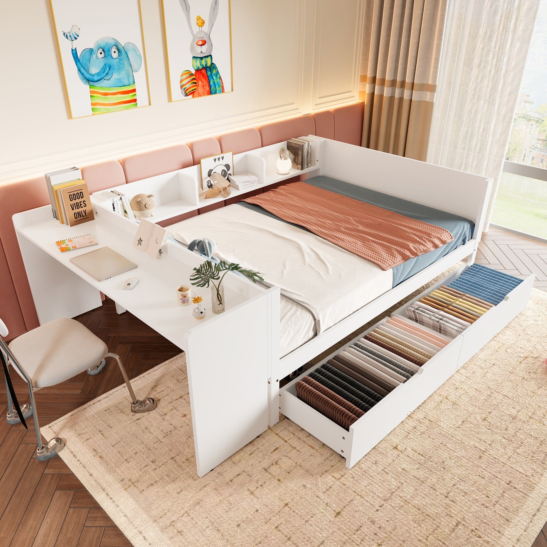 Wooden Bed with Desk and Storage Drawers, 140x200cm, Pine and White