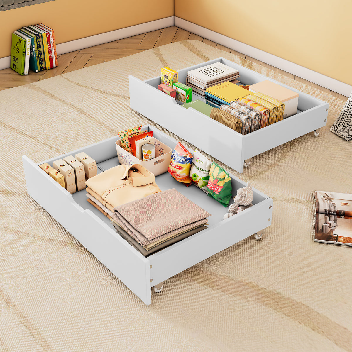 Underbed Storage Drawers, 2-Piece Set with Wheels, White MDF