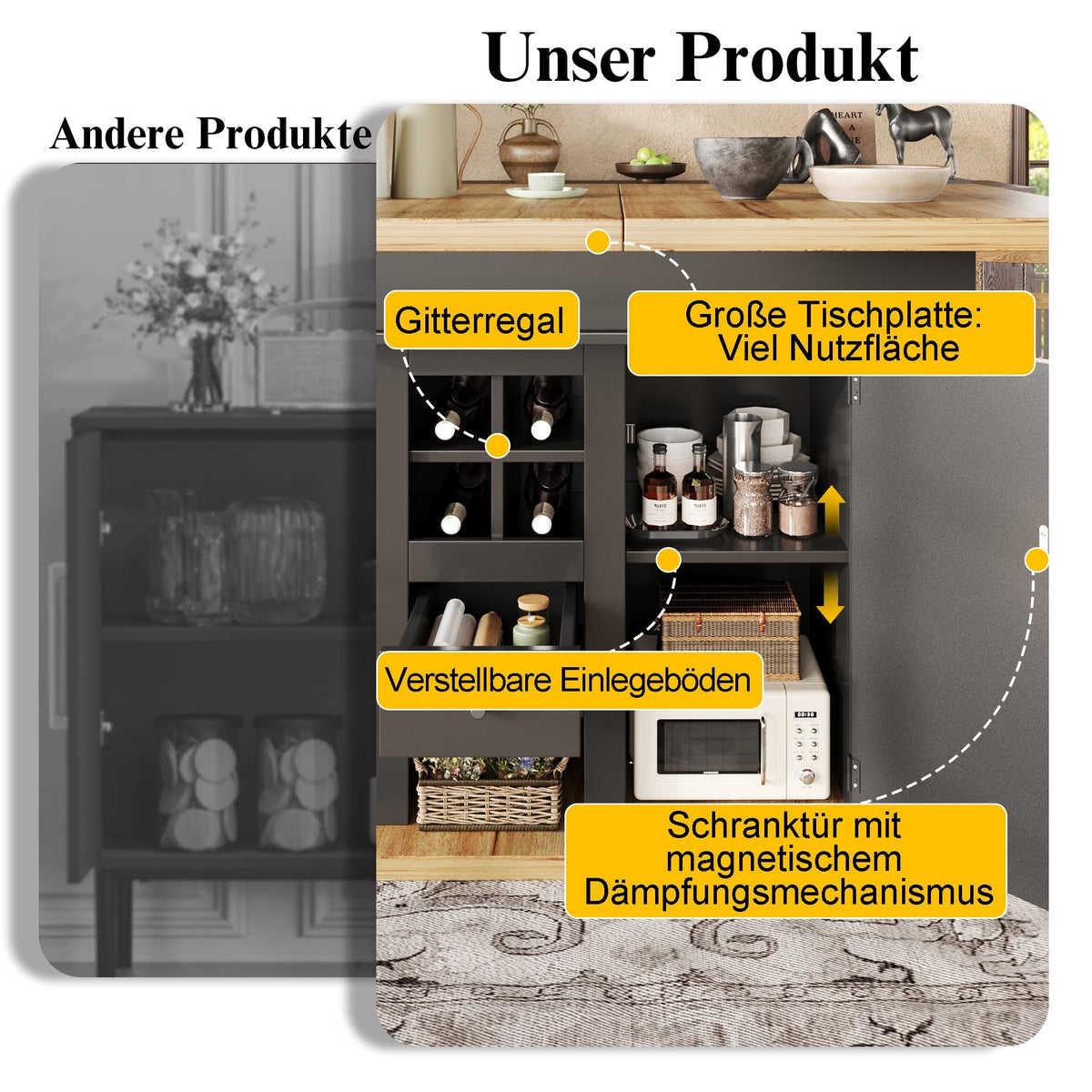 Extendable Telescopic Dining Table with Wine Rack and Drawers, MDF and Metal