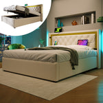 Upholstered Bed with LED, Storage, USB-C Headboard, 140x200 Cotton