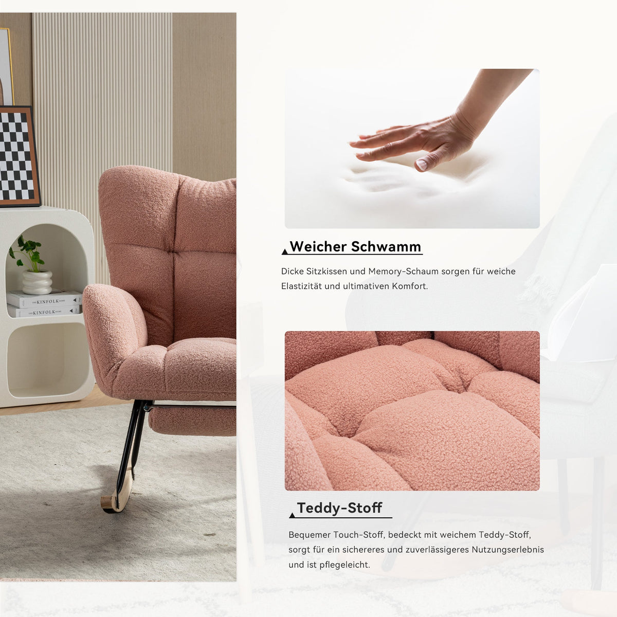 009B Rocking Chair Modern Padded Extendable Footrest Teddy Fabric Pink