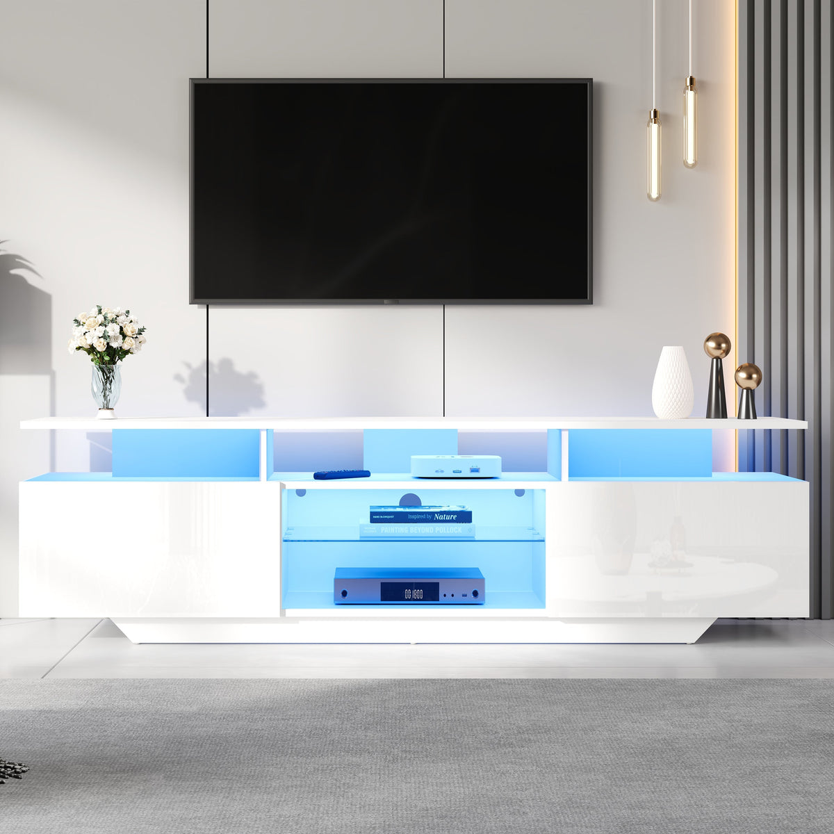TV Cabinet 160x45cm High-Gloss LED Light 8 Shelves for 70-Inch TV, MDF