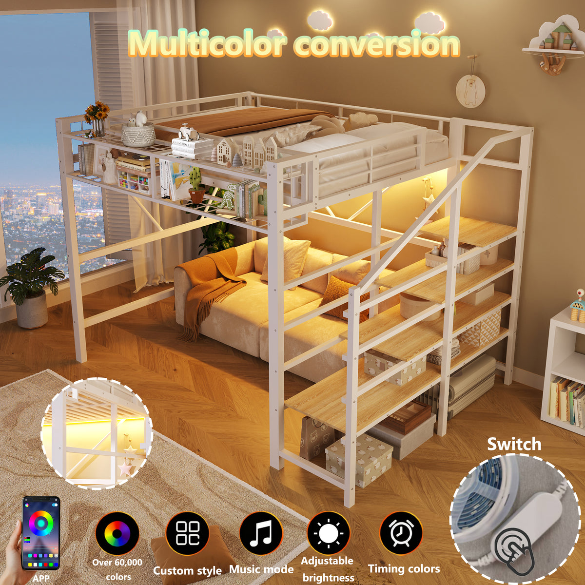 Loft Bed 140x200cm with LED Lights & Storage - White Metal