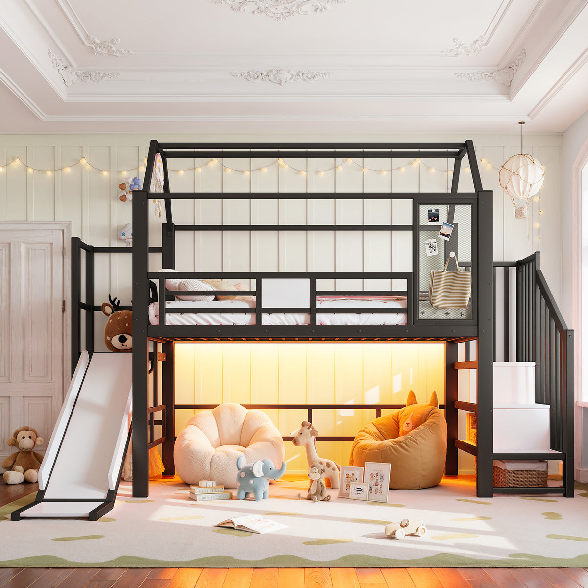House Loft Bed for Kids with Slide, Storage & LED, Black Metal