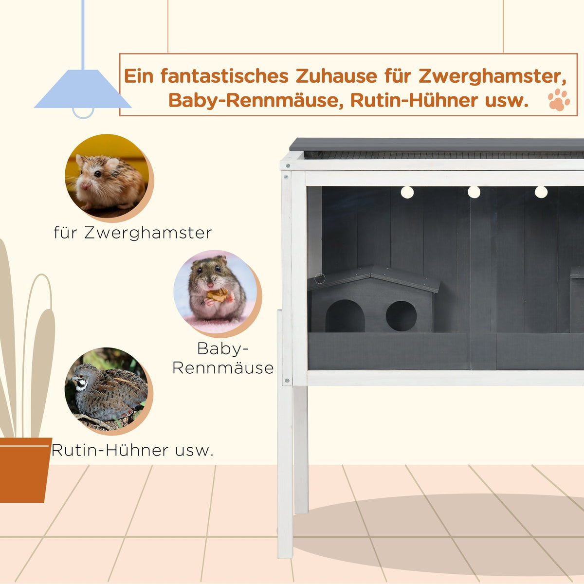 Hamster Cage, 2 Huts, 82 x 45 x 81 cm, Grey Wood