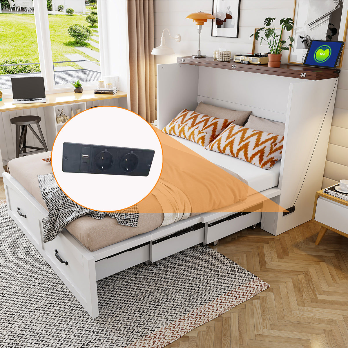 Folding Bed 140x200cm with Storage & Socket, White Metal Frame