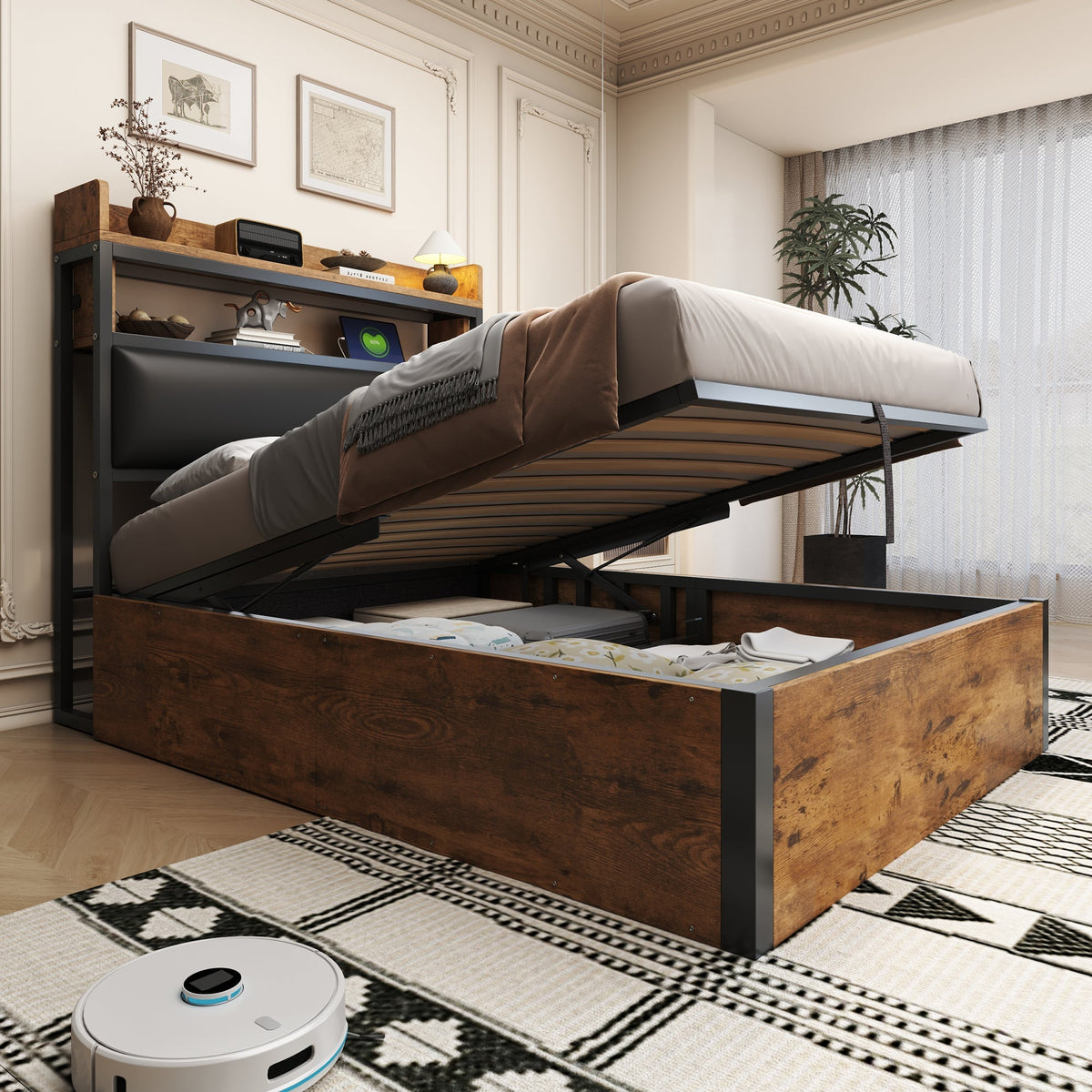 Bed Frame, 90 x 200, Hydraulic Lift, USB, Upholstered Headboard, Black