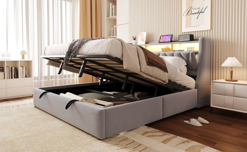 Upholstered Storage Bed 180x200cm with LED, Light Grey Velvet