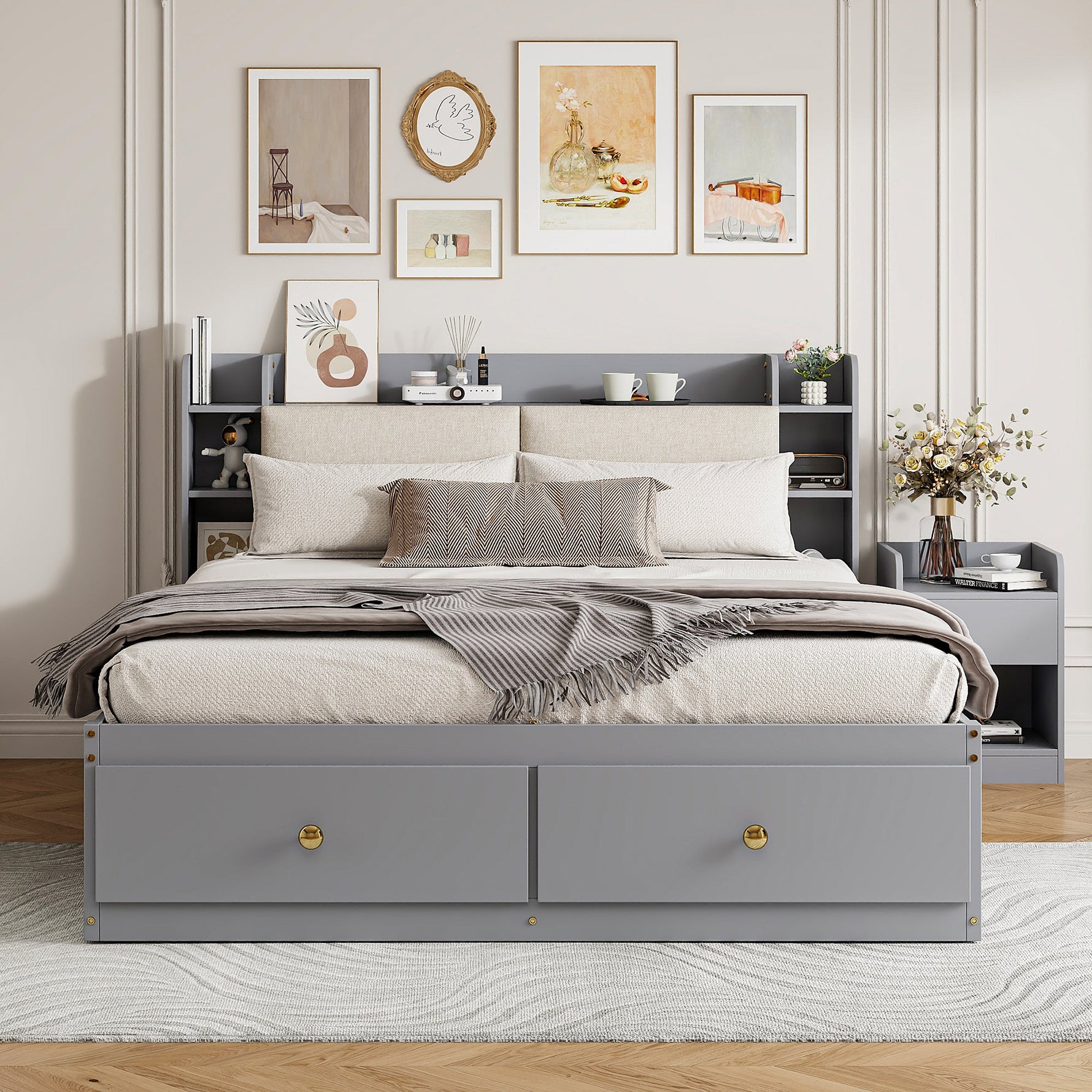Solid wood combination bed 140*200cm, Storage Headboard, Drawers, Sofa Bench, grey