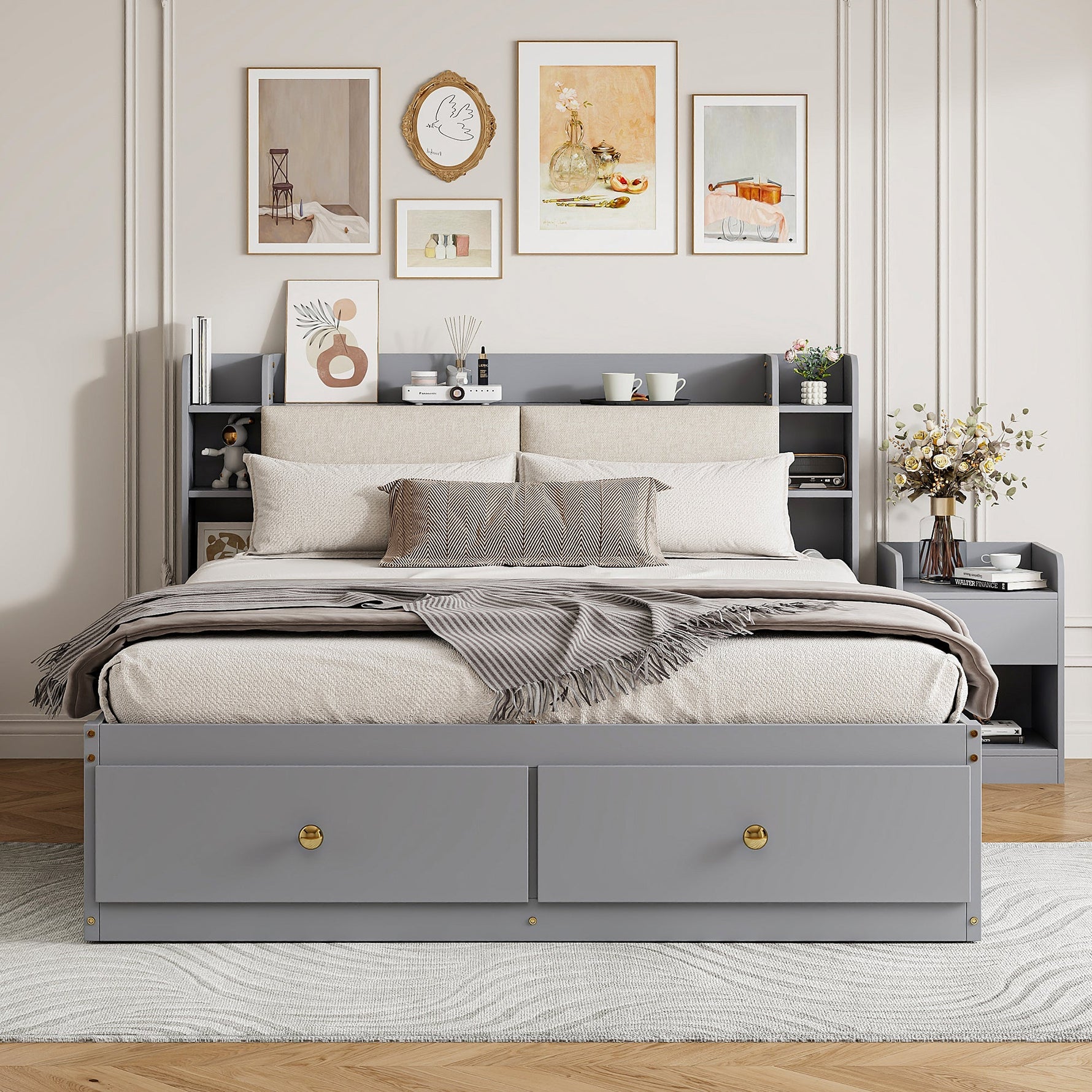 Solid Wood Combo Bed, 140x200cm with Storage & Sofa Bench, Gray