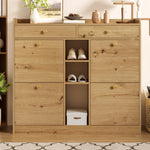 Shoe Cabinet with 4 Hinged Doors, 2 Drawers and 3 Open Compartments, 110x26x100cm, Wood Color