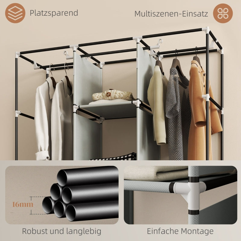 Wardrobe Folding Fabric with Clothes Rail Drawers Zipper, Light Grey