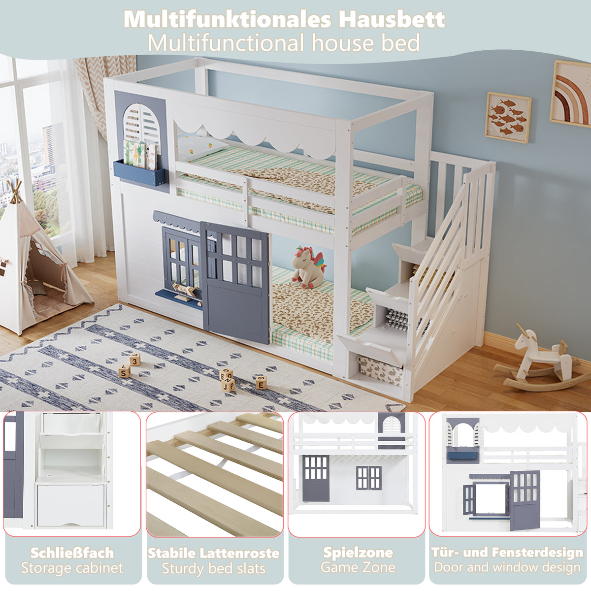 Children's Loft Bed 90x200cm with House Design & Storage, White