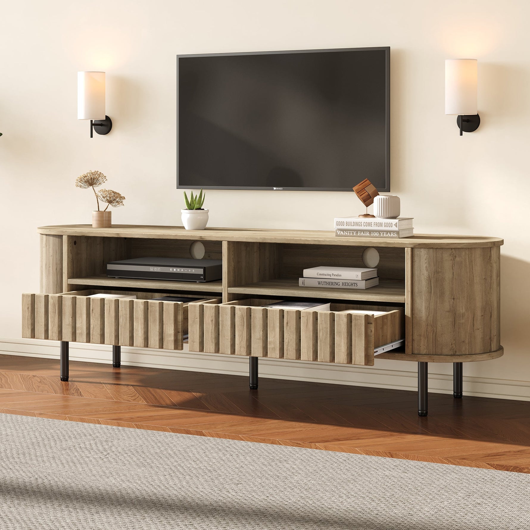 TV Cabinet Lowboard 160cm 2 Doors 2 Drawers for 65 Inch - Natural Wood