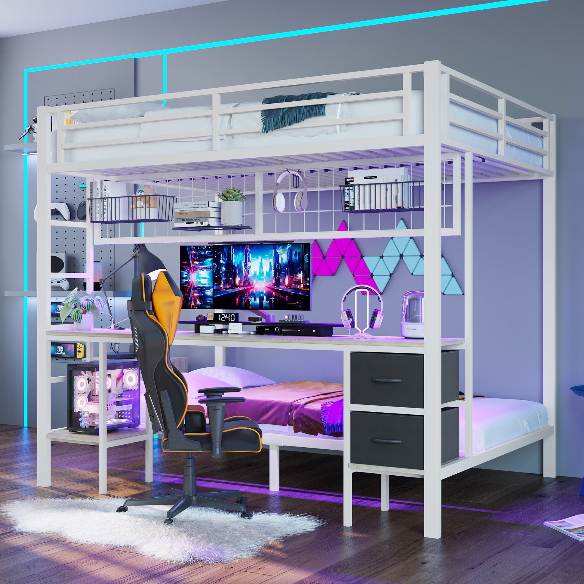 Loft Bed Desk Storage Drawers LED USB - White Iron Frame