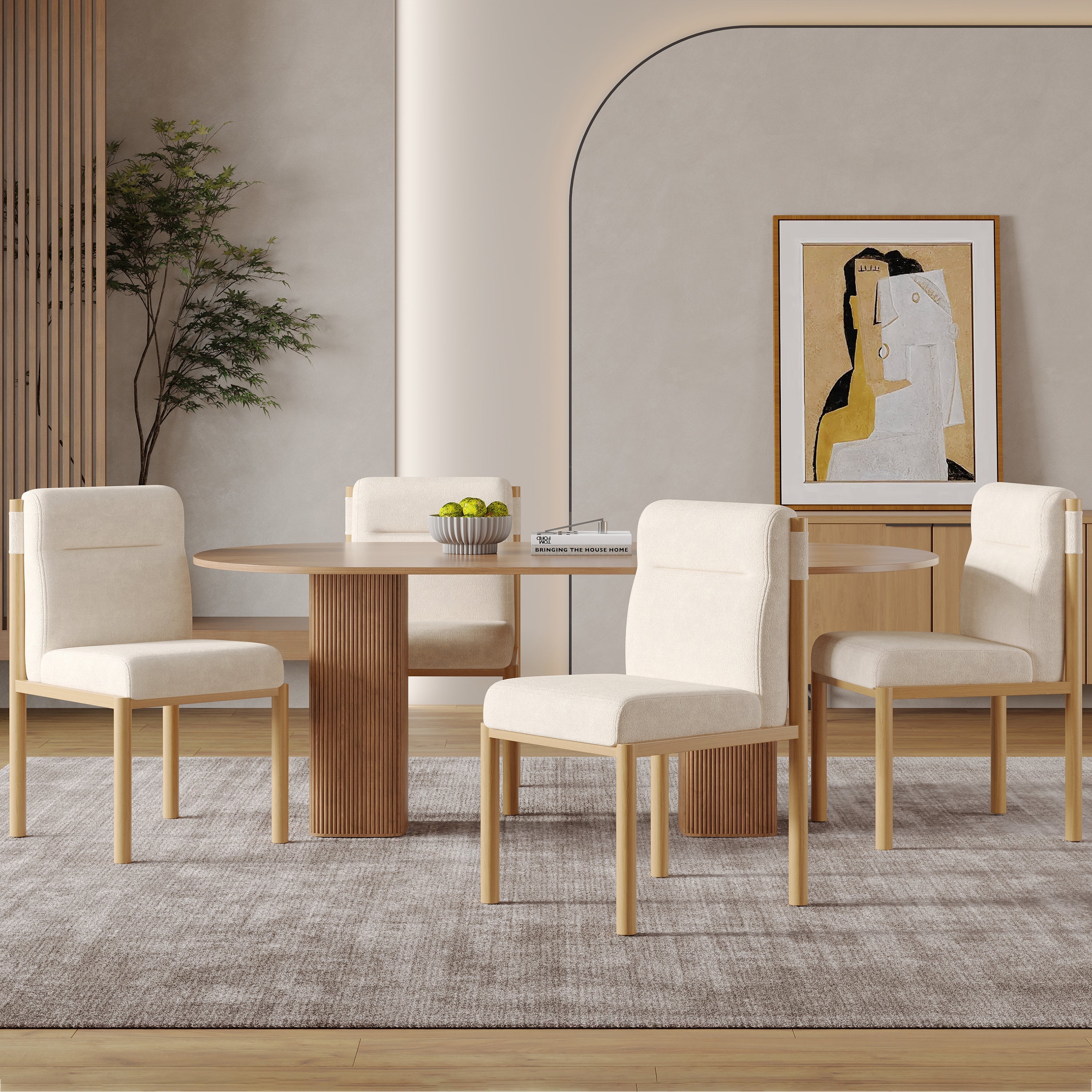 Dining Chairs Set of 4 Oak-Effect Frame Padded Sherpa Beige