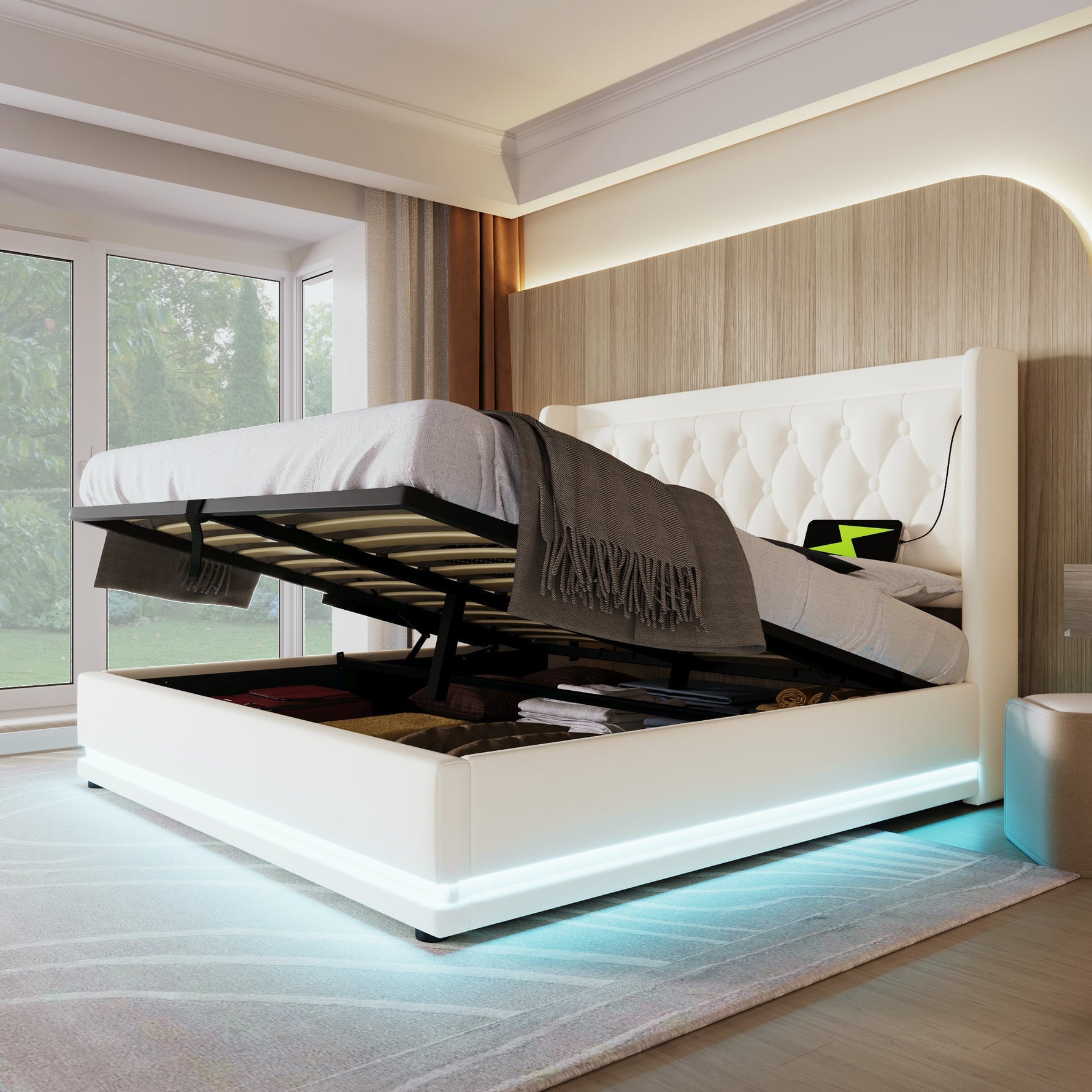 Upholstered Double Bed, Hydraulic Storage, USB-C, LED, White PU