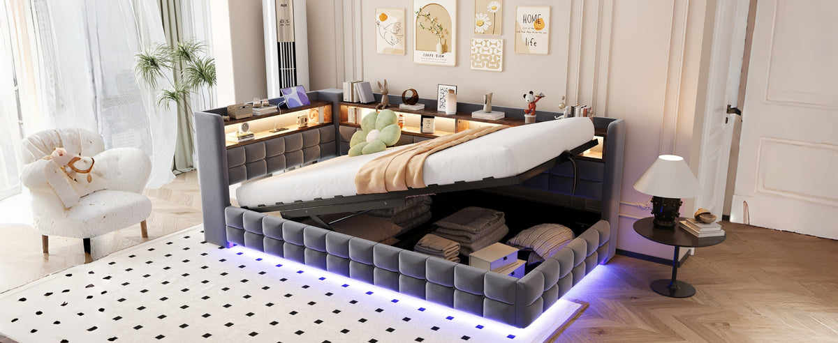 Upholstered Bed Set 180x200cm with Storage & Tables, Beige Velvet