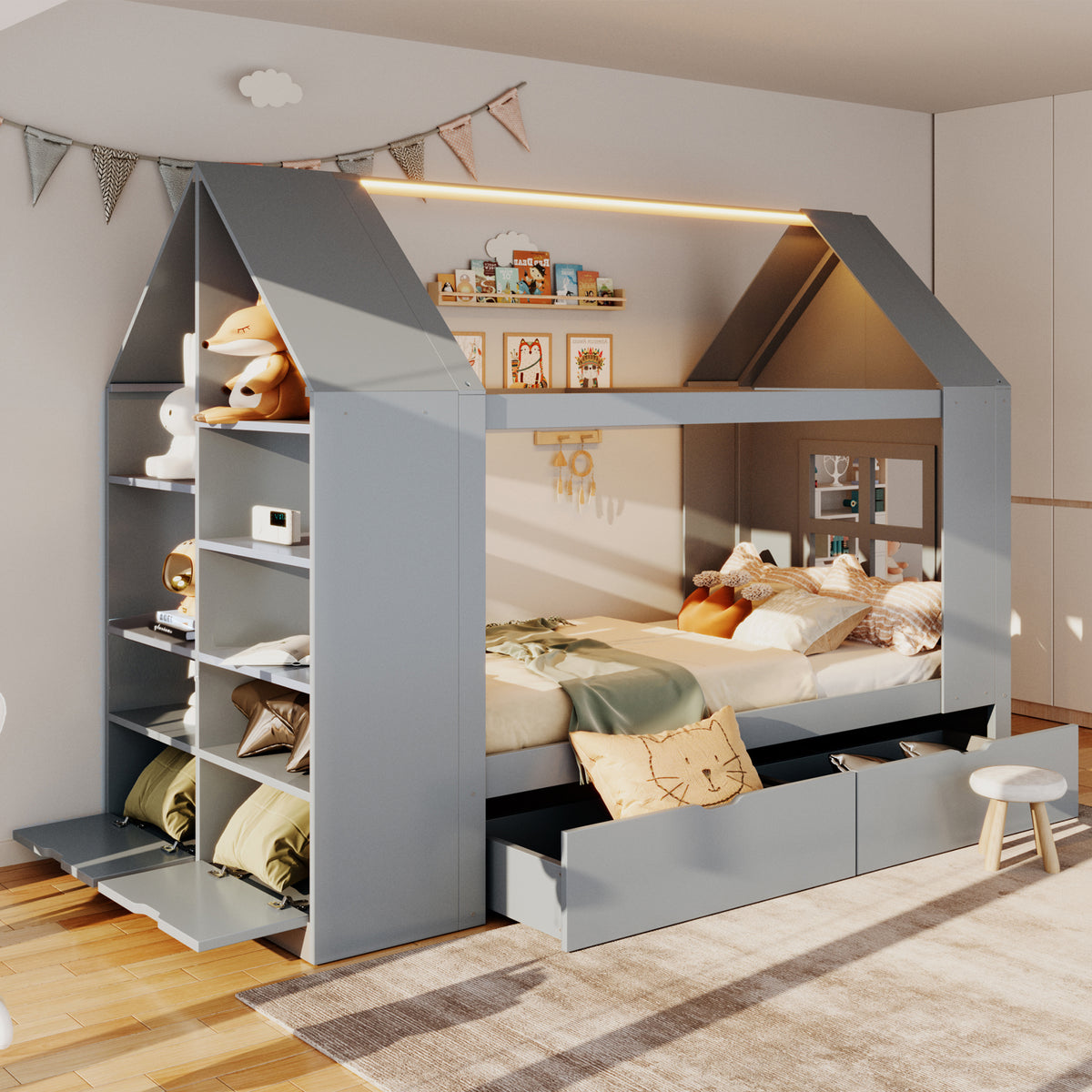 Children's House Bed 90x200cm with Storage Drawers & LED, Grey