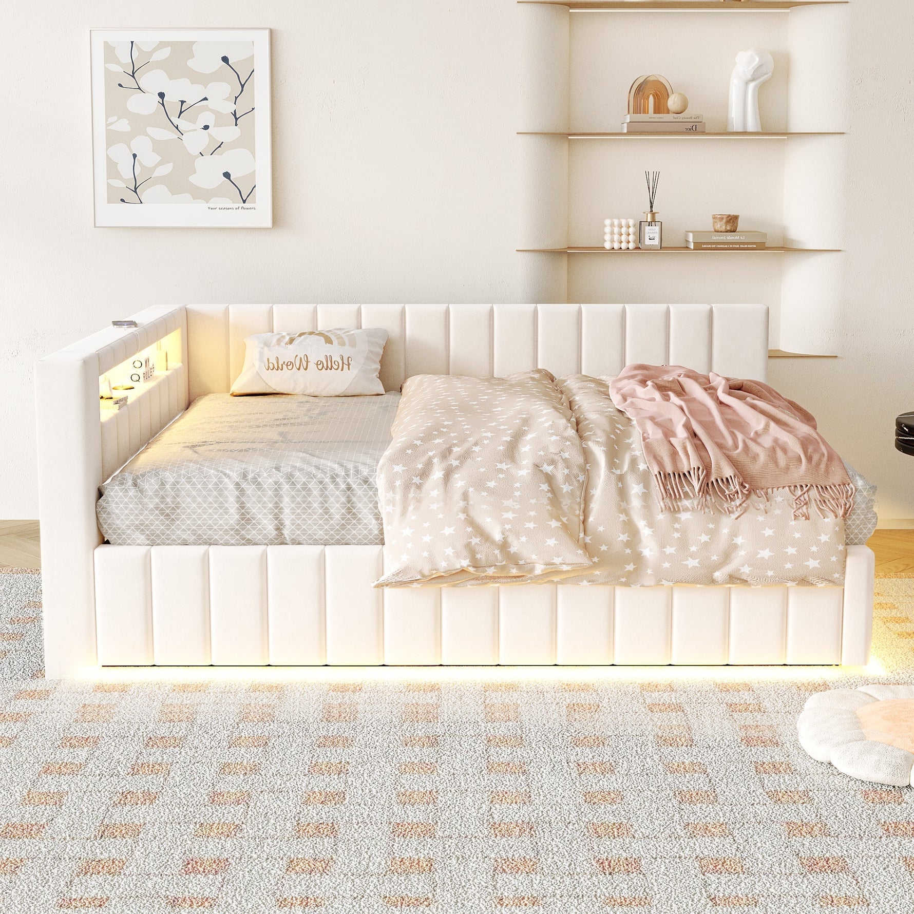 Upholstered Sofa Bed 140x200 Hydraulic Storage LED USB Port, Beige Velvet
