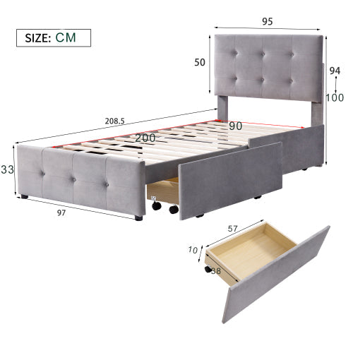 Upholstered Bed 90x200cm, Slatted Frame, Two Drawers, Adjustable Headboard, Velvet Fabric Grey