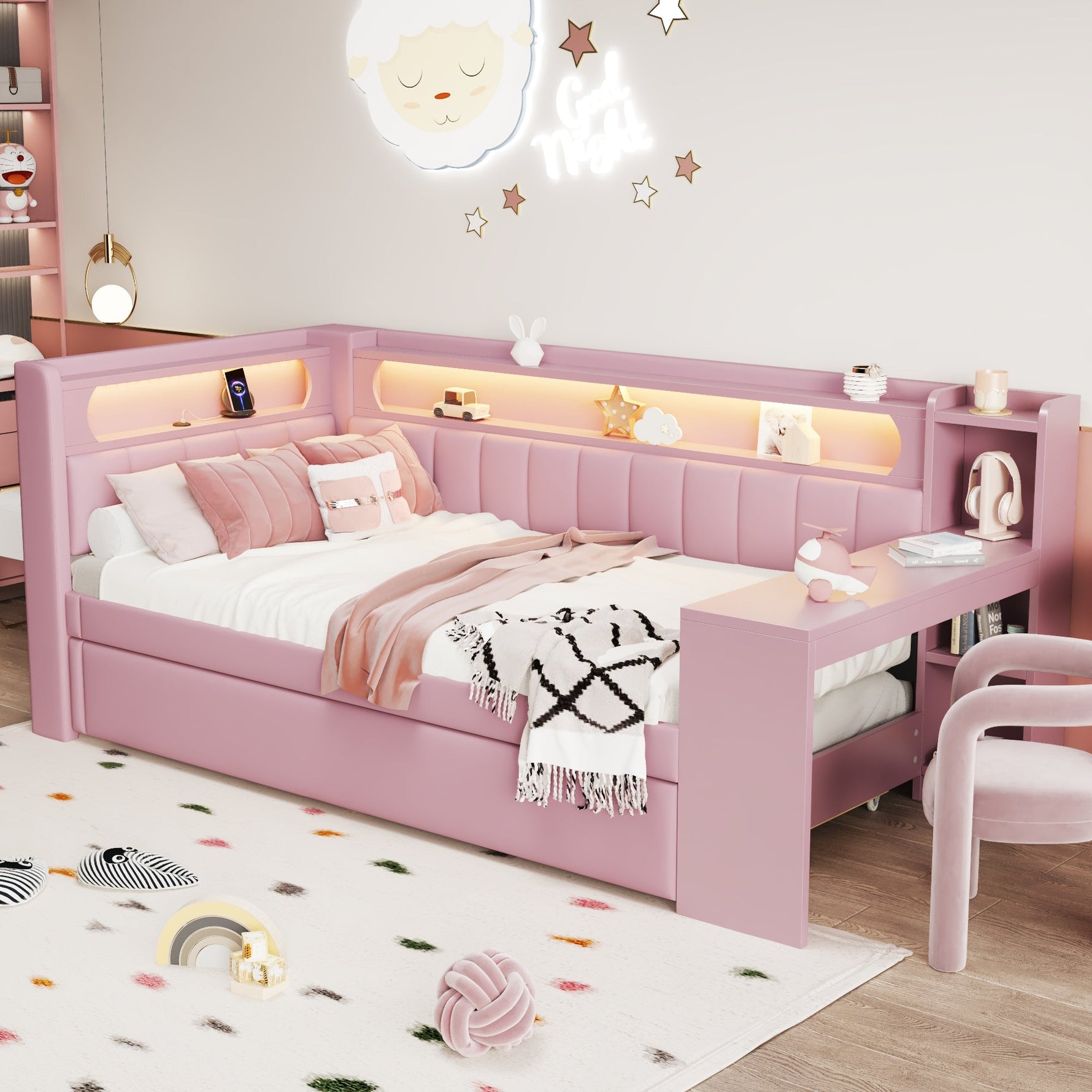 Upholstered Daybed with USB, LED, Pull-out Bed and Desk, 90x200cm, Pink