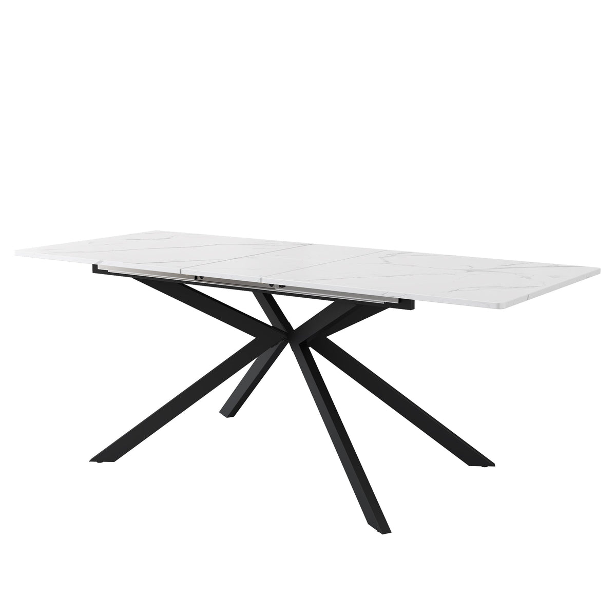 Extendable Dining Table with Automatic Extension and Cross Leg Design, Black and White Marble Look