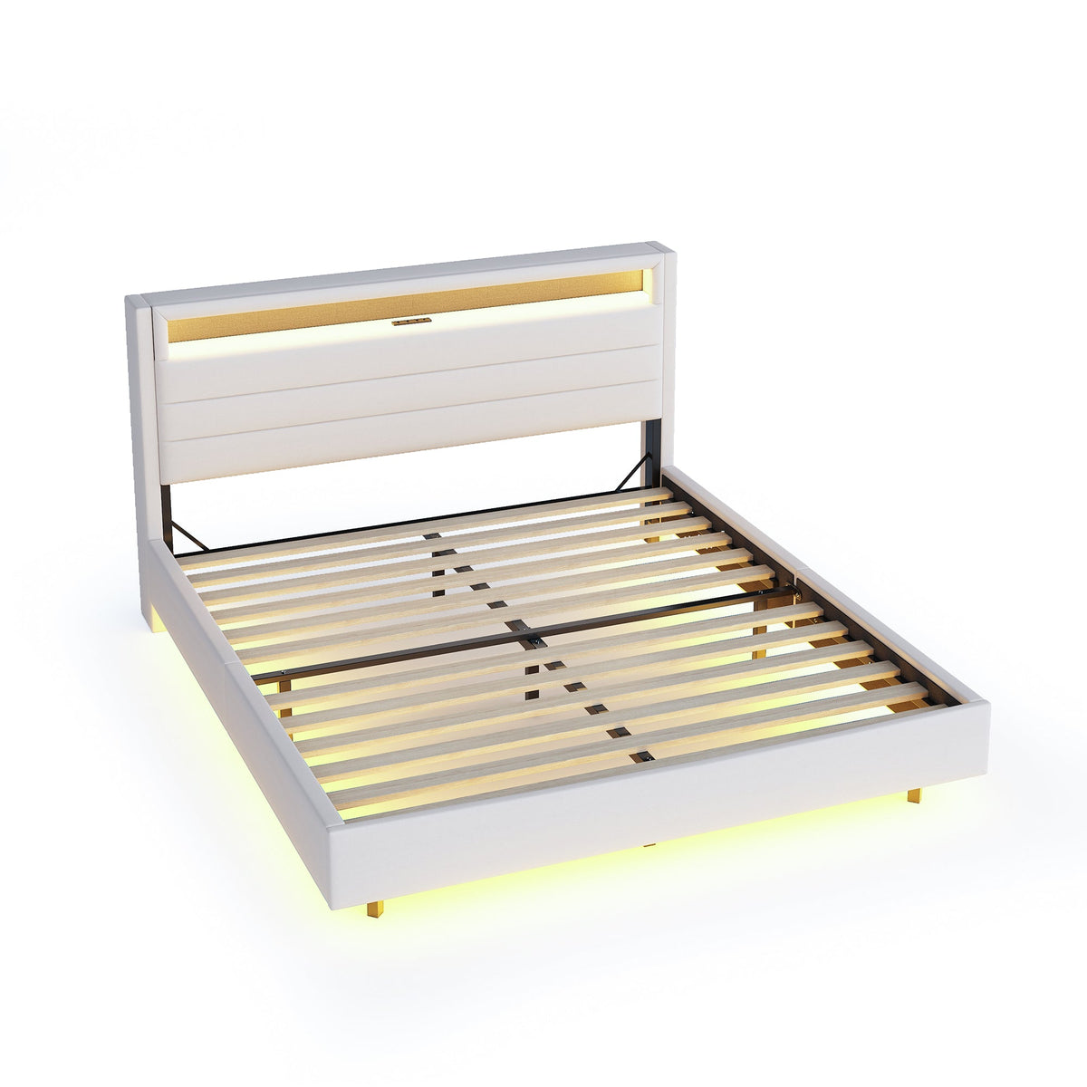 Upholstered Bed 140x200 cm with USB & LED Light, Reversible Headboard, Linen Fabric Beige