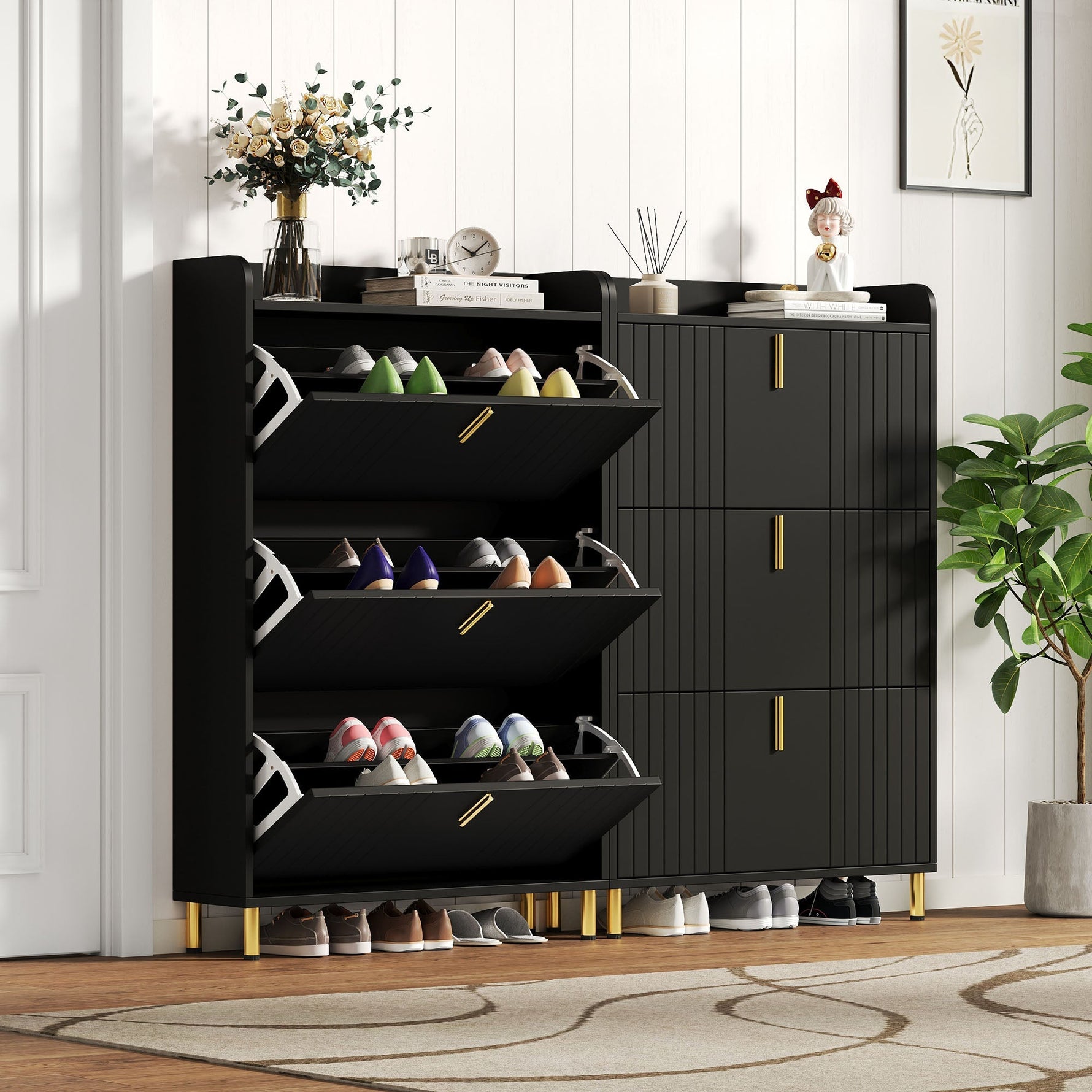 Set of 2 Shoe Cabinets with 6 Adjustable Compartments and Anti-Tip Device, Black