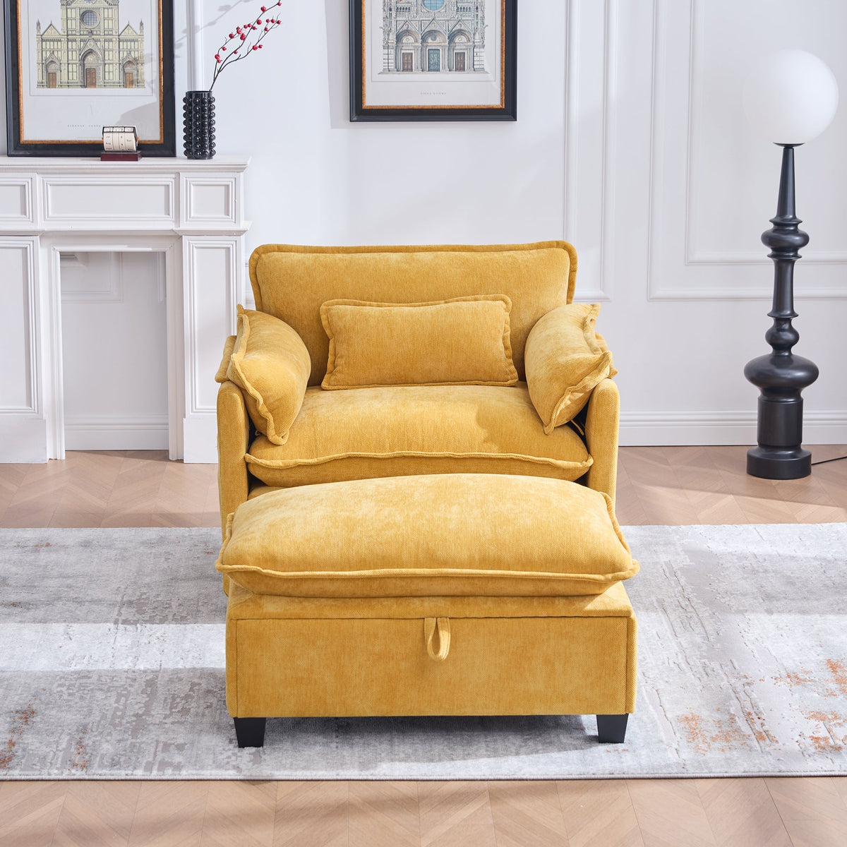Armchair, Oversized with Footrest & Stool, Velvet