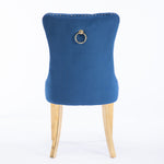 Dining Chair Set of 2 Tufted Velvet Upholstered Golden Legs Nailhead Trim - Blue