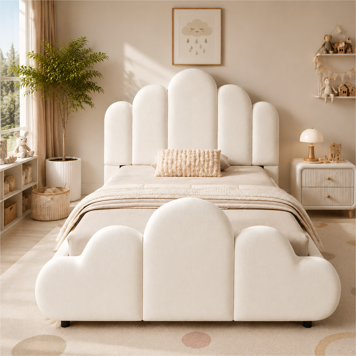 Upholstered Single Children's Bed 90x200cm - Beige Velvet