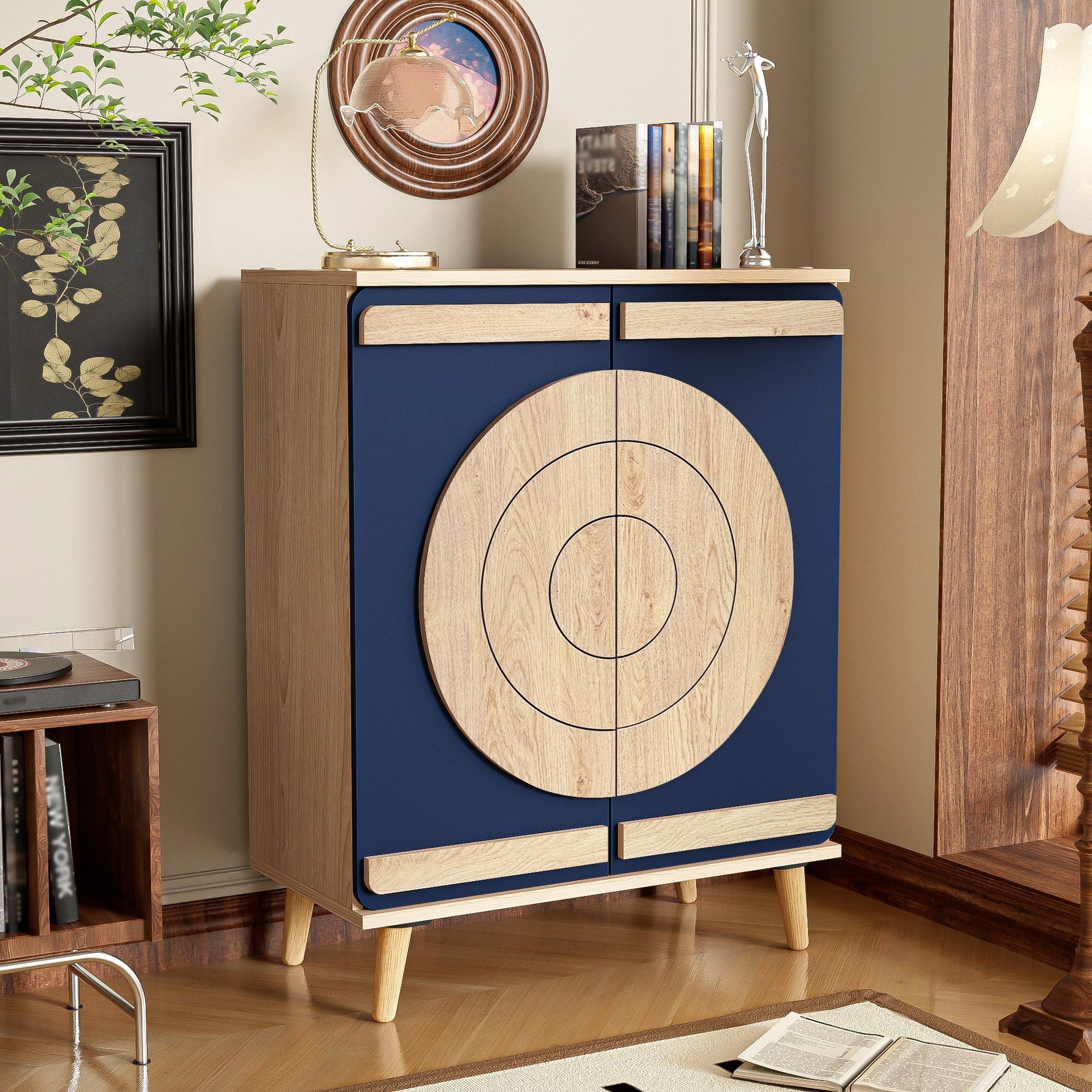 Modern Shoe Cabinet with Geometric Doors and Multi-Level Storage, Blue and Natural