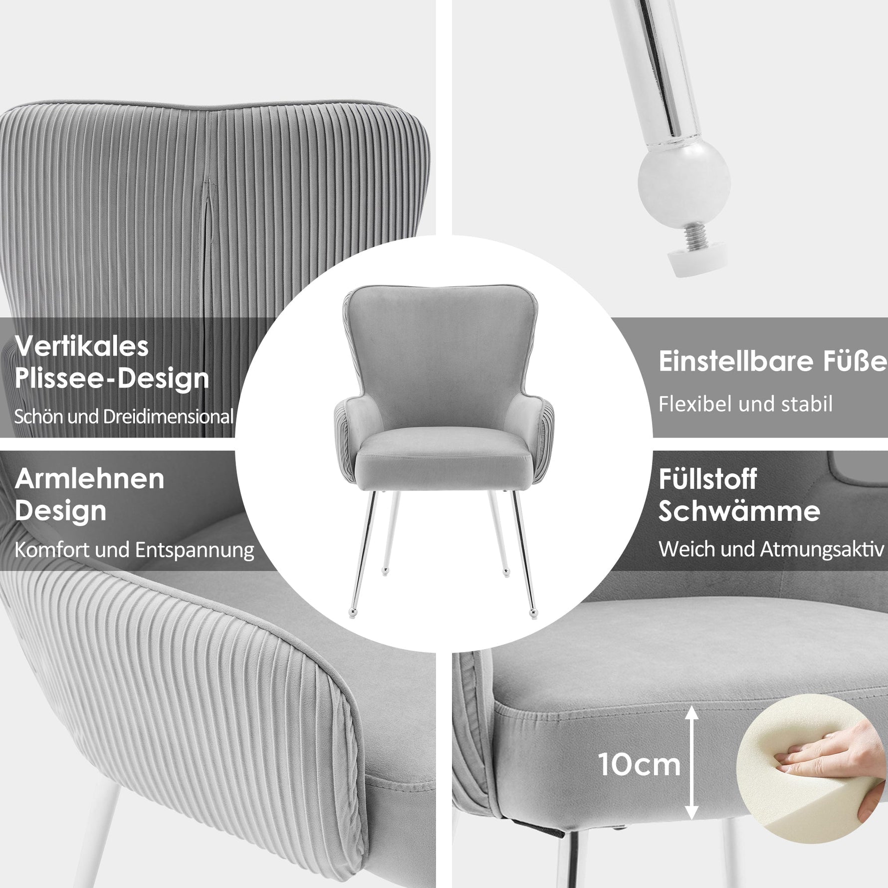 Velvet Dining Chair Set of 4 with Armrests Lumbar Support Adjustable Feet Grey