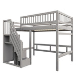 Solid Wood Bed 140x200 with Storage Stairs & Railing, Grey