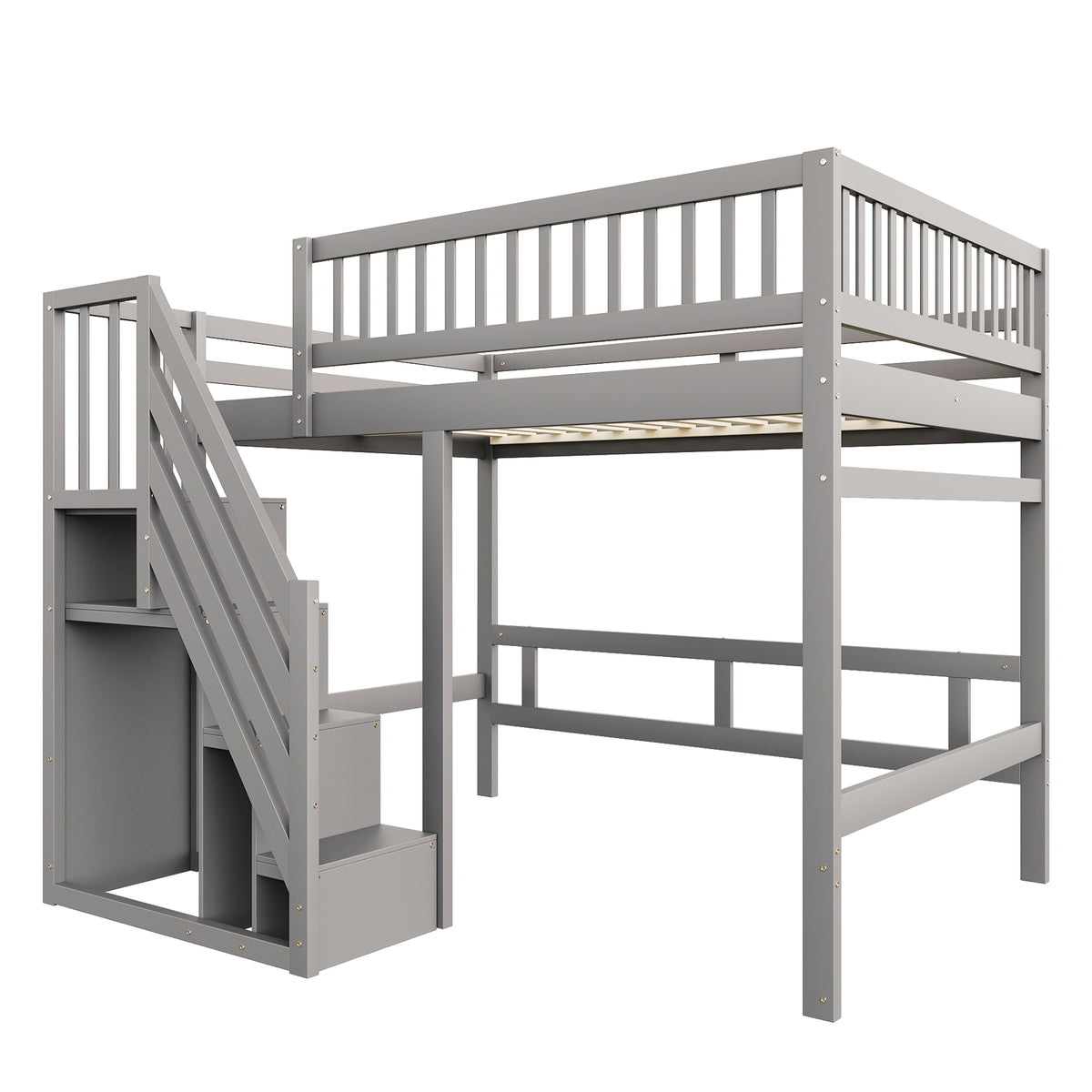 Solid Wood Bed 140x200 with Storage Stairs & Railing, Grey