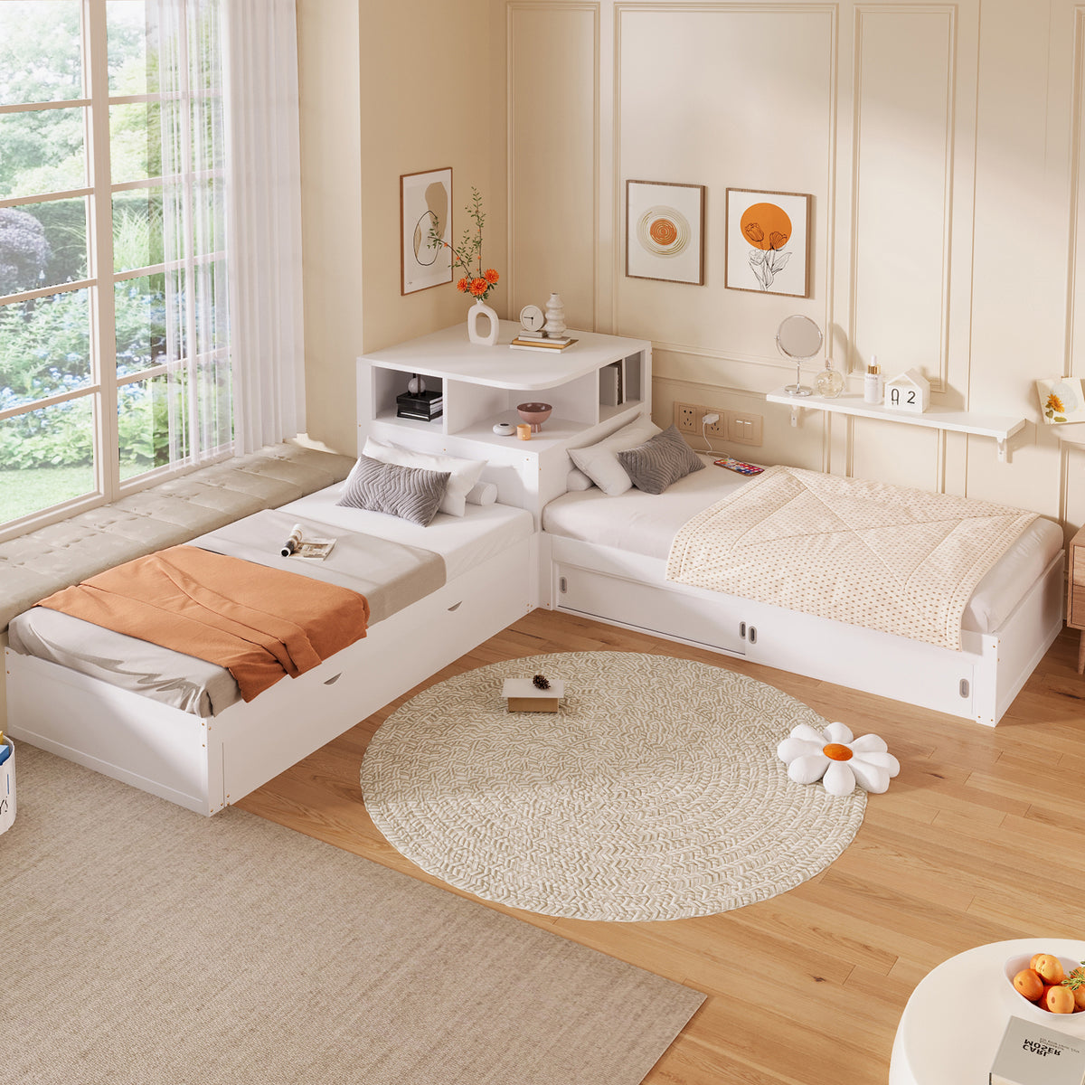 90x200 L-Shaped Platform Bed with Trundle & Storage, White