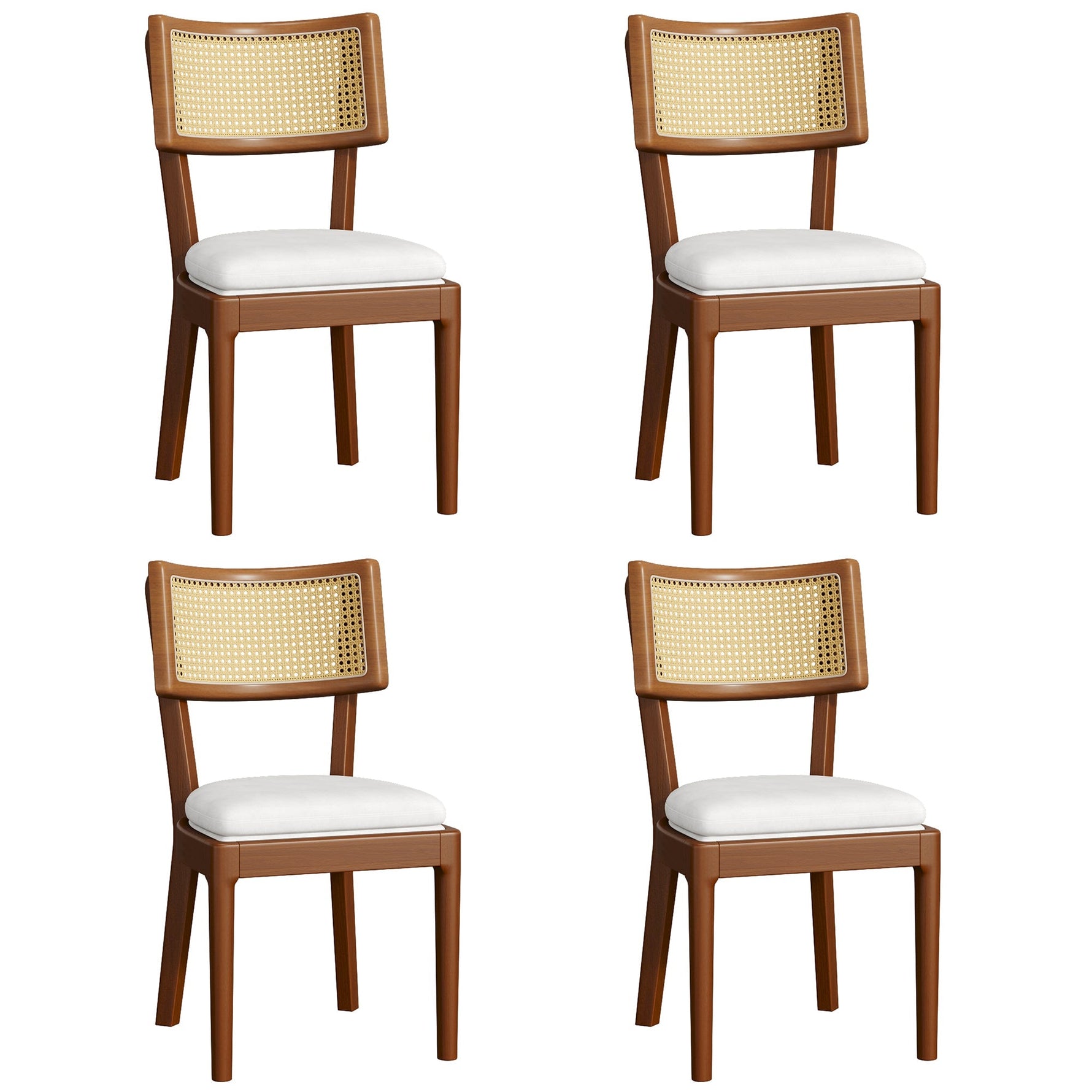 4 Solid Wood Dining Chairs Rattan Backrests Linen - Walnut