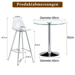 Flexible Bar Set Round Glass Table 89cm 2 Stools - Glass/Silver Legs